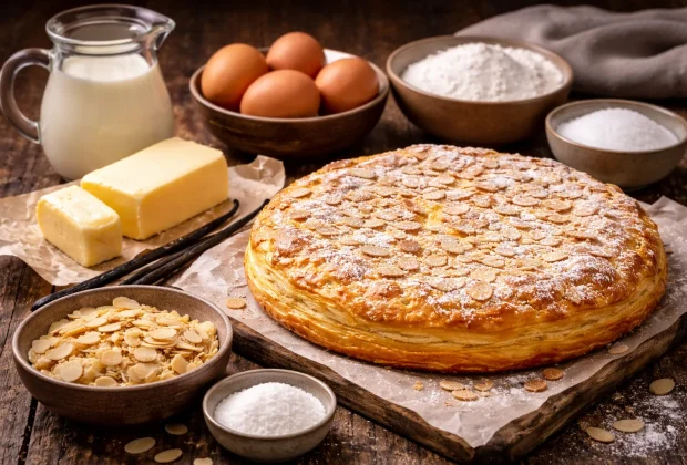 Ingrédients de la pantxineta recette basque avec pâte feuilletée, crème et amandes