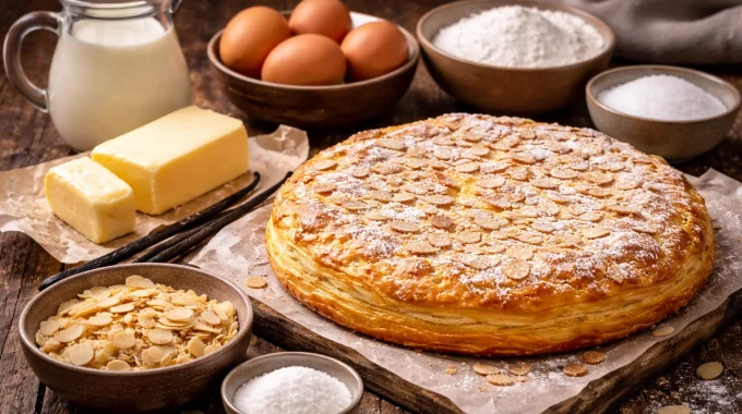 Ingrédients de la pantxineta recette basque avec pâte feuilletée, crème et amandes